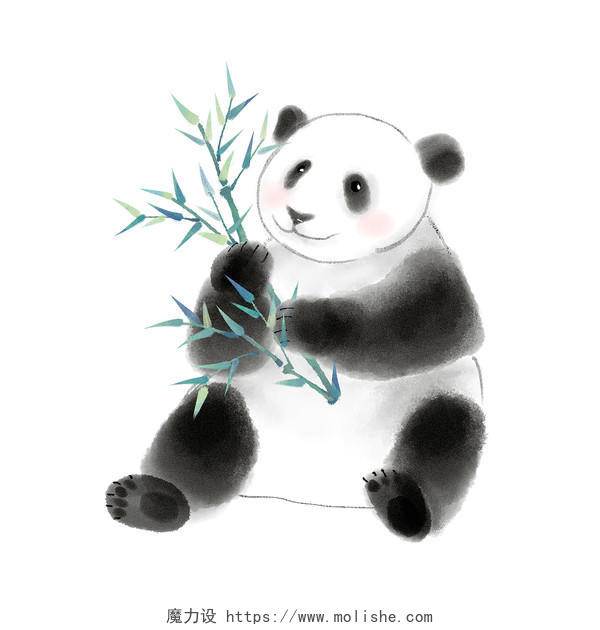 水墨竹子元素可爱卡通熊猫植物动物手绘古风国画水彩PNG素材